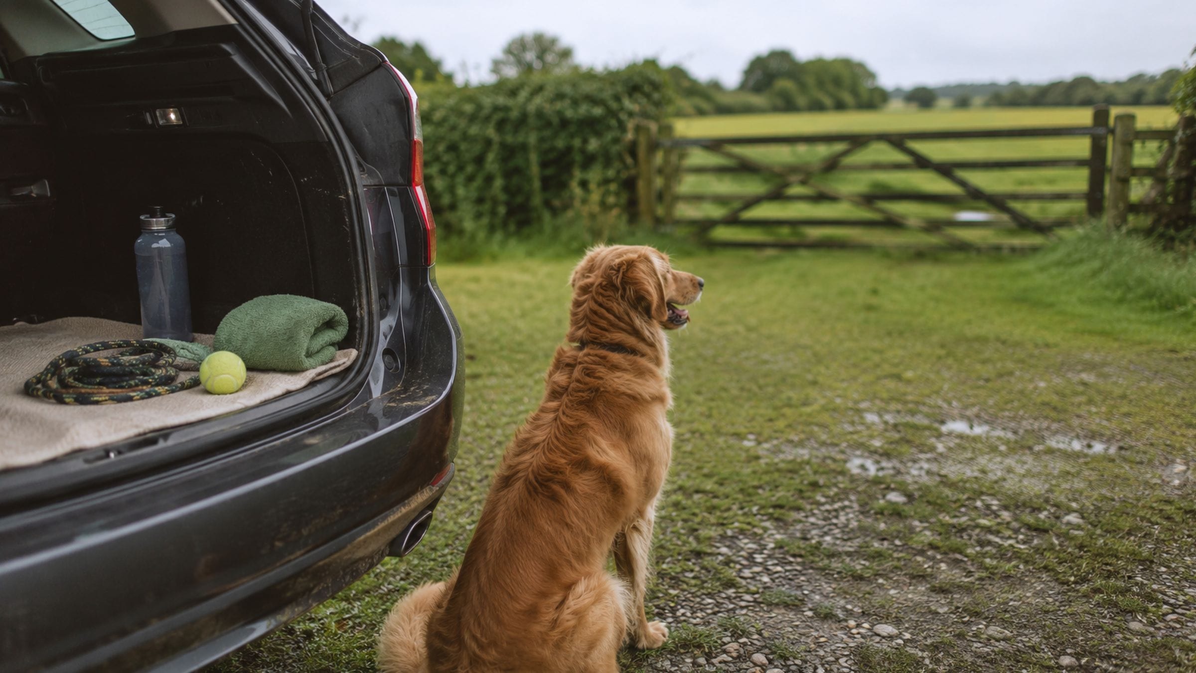 A gently sloping fenced paddock with a farm gate and a dog mid-run